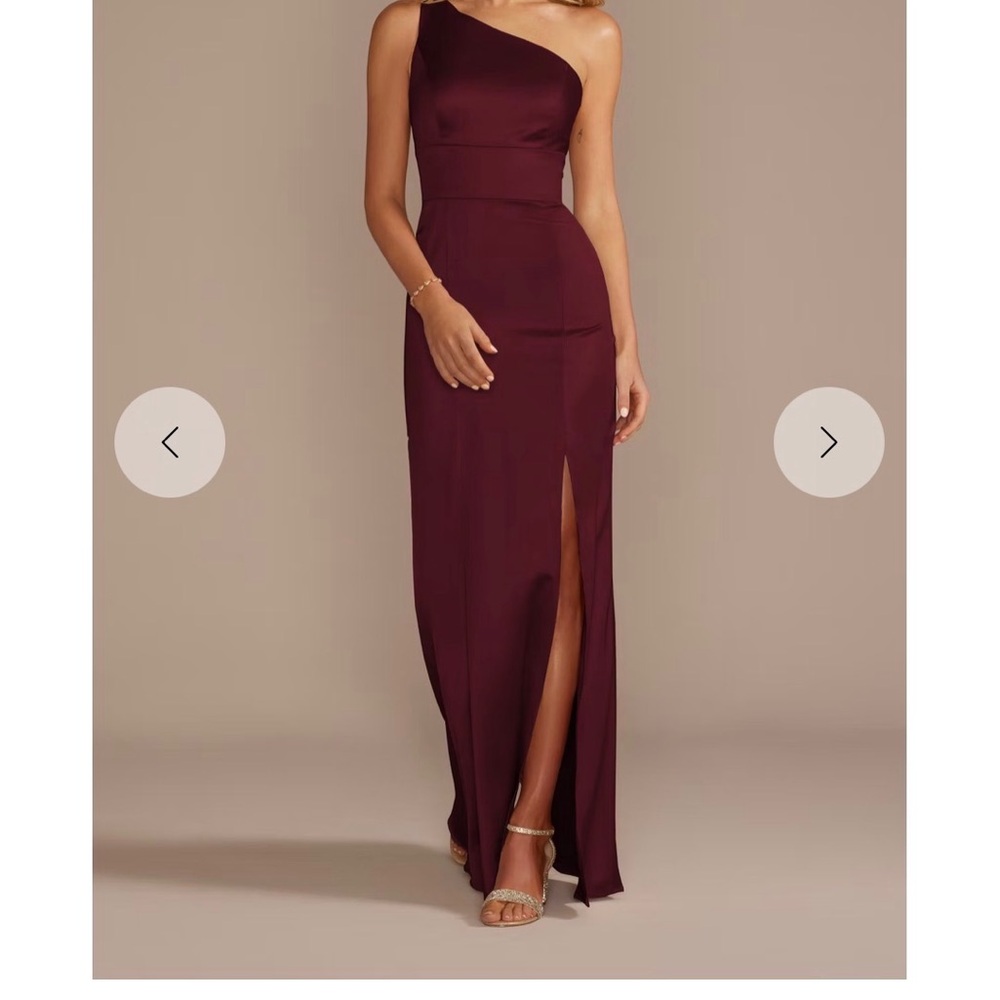 David's Bridal One-Shoulder Burgundy Evening Gown with Side Slit